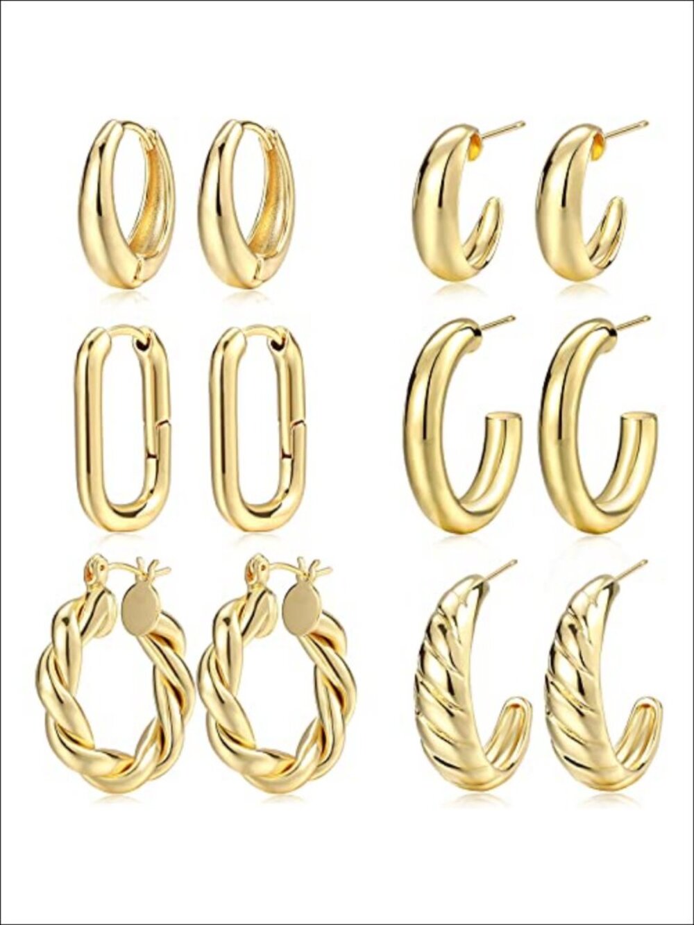 6 Pairs Chunky Hoop Earrings 14K Gold Plated Hypoallergenic Women